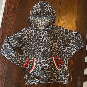 Grey Leopard Print Hooded Pullover with Red Trim